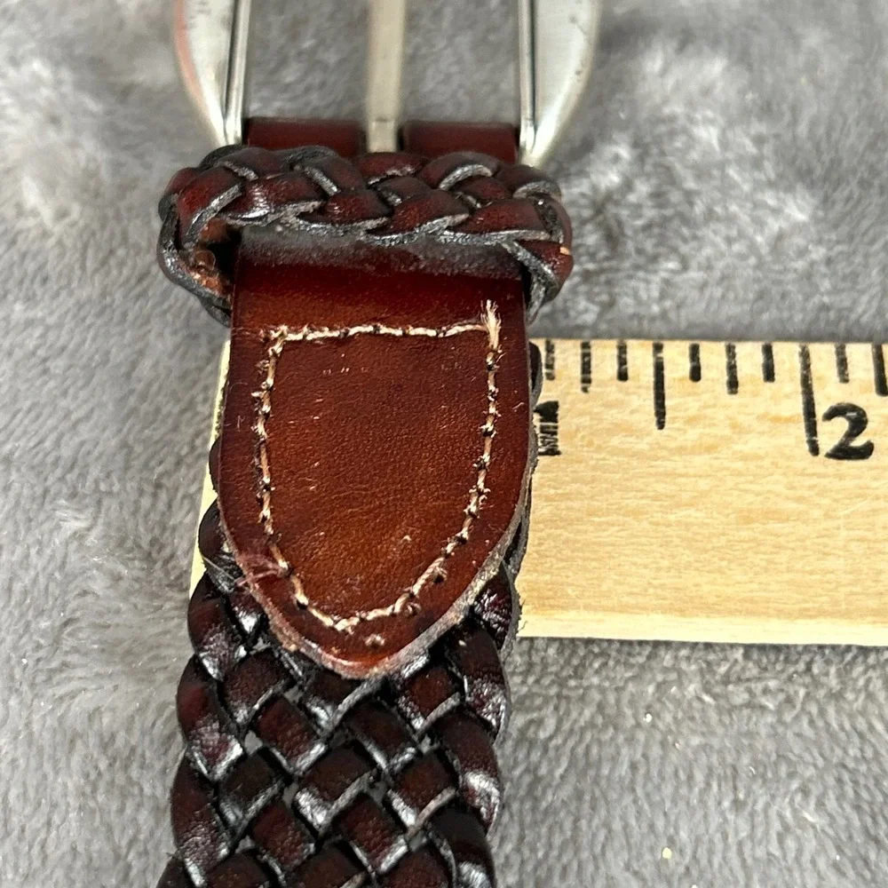 Woven Braided Leather Belt Medium Dark Brown Mahogany Silver Buckle Western‎ Tip